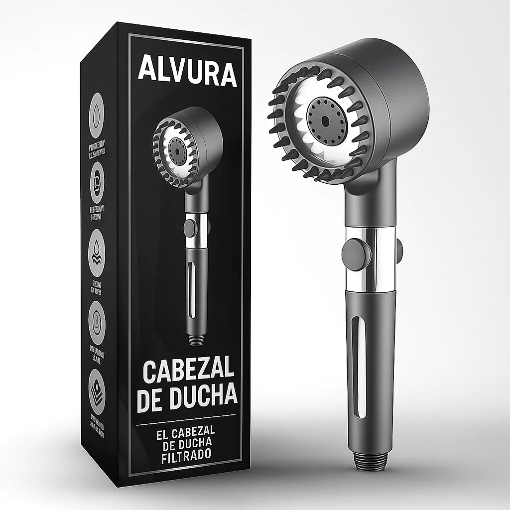ALCACHOFA DE DUCHA ALVURA™ - PACK DE 6 FILTROS + MANGUERA + SOPORTE GRATIS